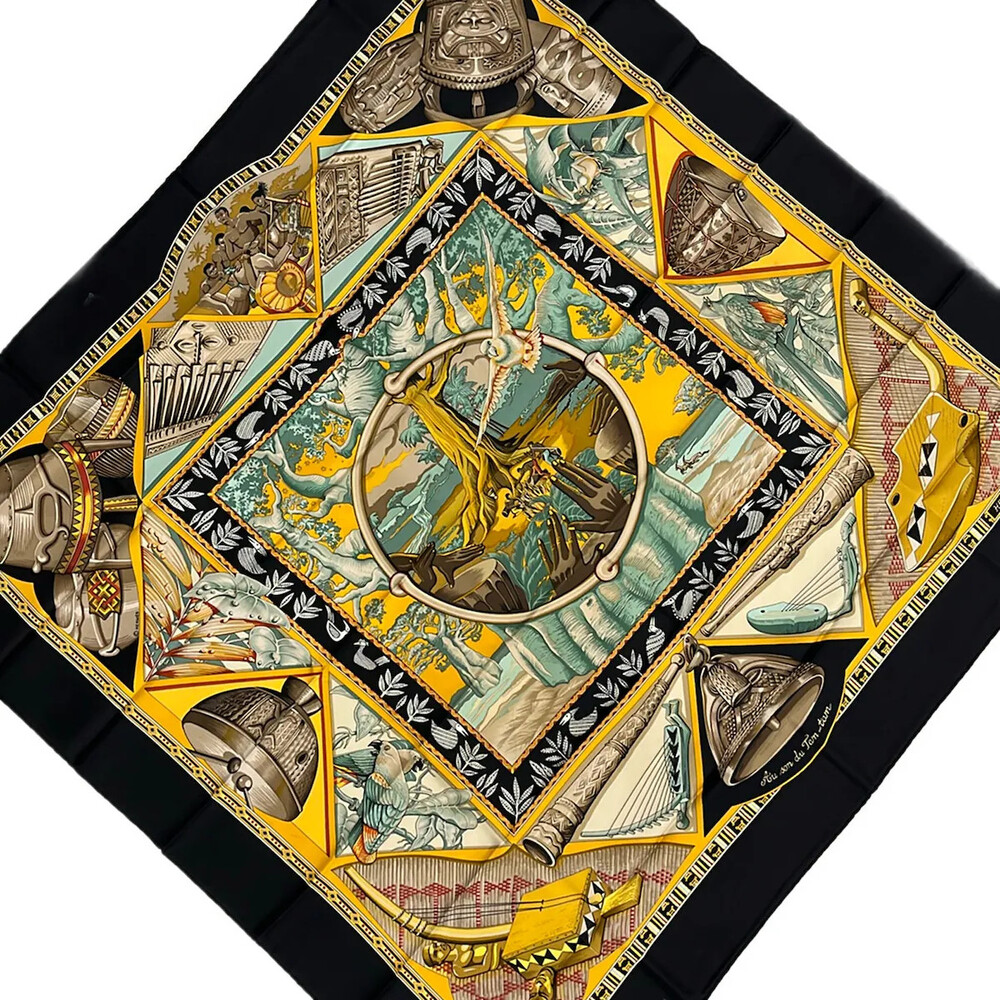 Hermes Carre 90 Black Yellow Multi #358606H52B